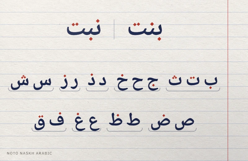 Notebook page in Noto Naskh Arabic: bint and nabt share one skeleton, and nine letter families are shown with dots in red