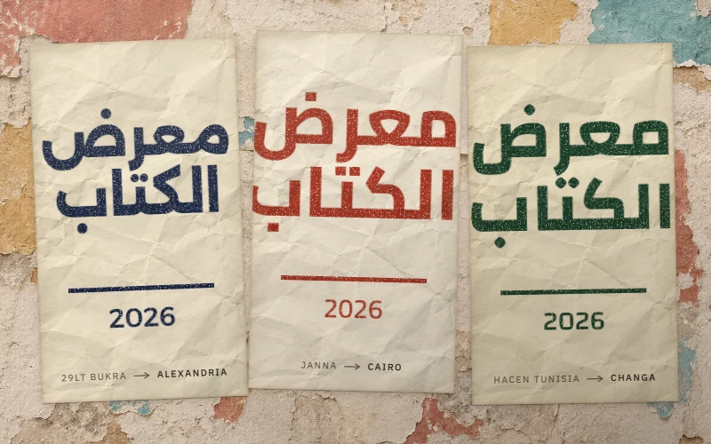 Three posters on a wall with the headline معرض الكتاب (book fair) set in Alexandria, Cairo and Changa