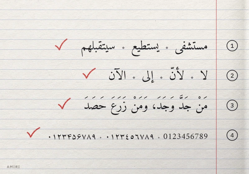 Four numbered test lines in Amiri on a notebook page: joining, lam-alif, a vocalized proverb, three digit sets, each ticked in red