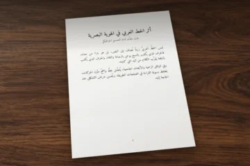 Printed A4 page on a walnut desk: an Arabic paper on calligraphy and visual identity, title and justified text set in Amiri