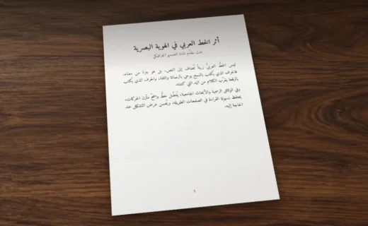 Printed A4 page on a walnut desk: an Arabic paper on calligraphy and visual identity, title and justified text set in Amiri