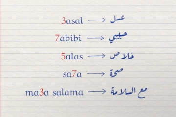 Notebook page: Arabizi words like 3asal, 7abibi and 5alas, numerals in red, each followed by an arrow and the Arabic spelling