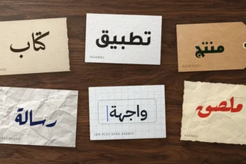 Six paper scraps on a walnut desk, each with one Arabic word in Amiri, Tajawal, Reem Kufi, Aref Ruqaa, IBM Plex Sans Arabic or Rakkas