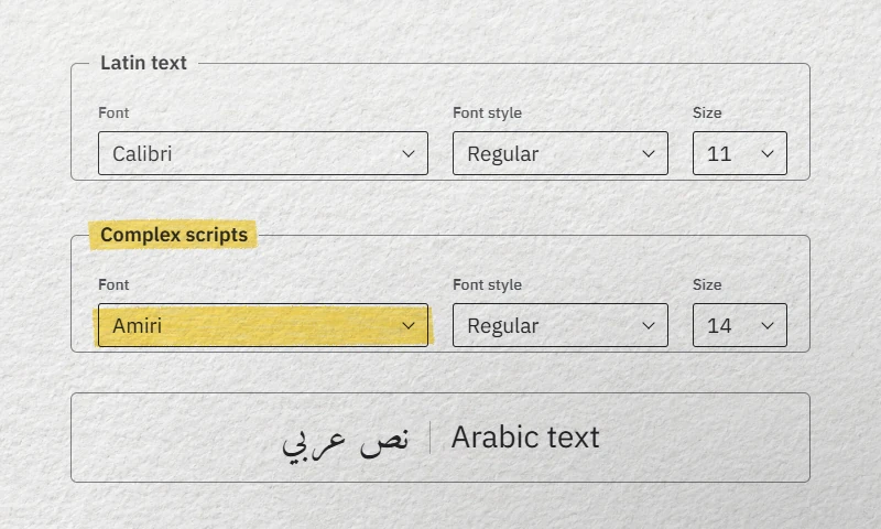 Diagram of Word’s Font dialog: Latin text set to Calibri, Complex scripts set to Amiri
